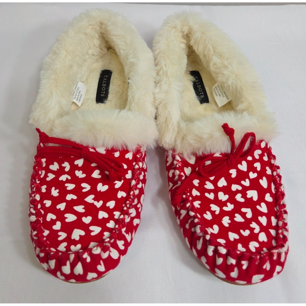 Talbots Red Heart Moccasin Slippers Faux Fur Fleece Lined Women's 8M